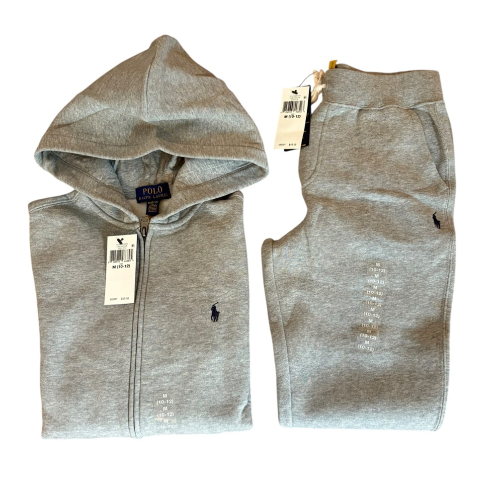 Polo Ralph Lauren Fleece Lined Sweatsuit Pants Hoodie Set Youth Med NEW Grey